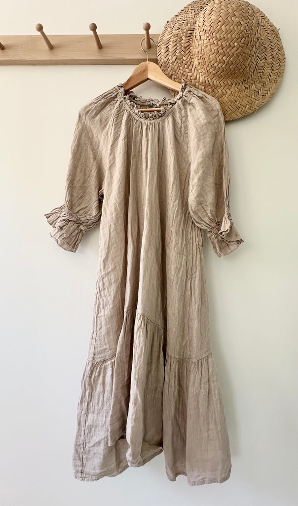 Linen Dress with smocked sleeve and collar